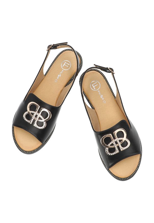 Czarne Sandały Filippo Stylowe Obuwie Damskie. Okazja: na co dzień. Nosek buta: otwarty. Zapięcie: pasek. Kolor: czarny. Materiał: skóra. Wzór: aplikacja. Sezon: lato. Styl: elegancki