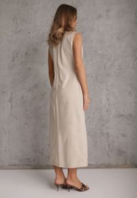 Renee - Jasnobeżowa Sukienka z Wiskozą i Lnem w Eleganckim Stylu z Paskiem z Ozdobą Coritia. Kolor: beżowy. Materiał: wiskoza, len. Długość rękawa: bez rękawów. Wzór: aplikacja. Sezon: lato. Typ sukienki: dopasowane. Styl: elegancki #6