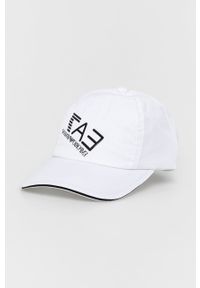 EA7 Emporio Armani czapka bawełniana kolor biały z aplikacją. Kolor: biały. Materiał: bawełna. Wzór: aplikacja