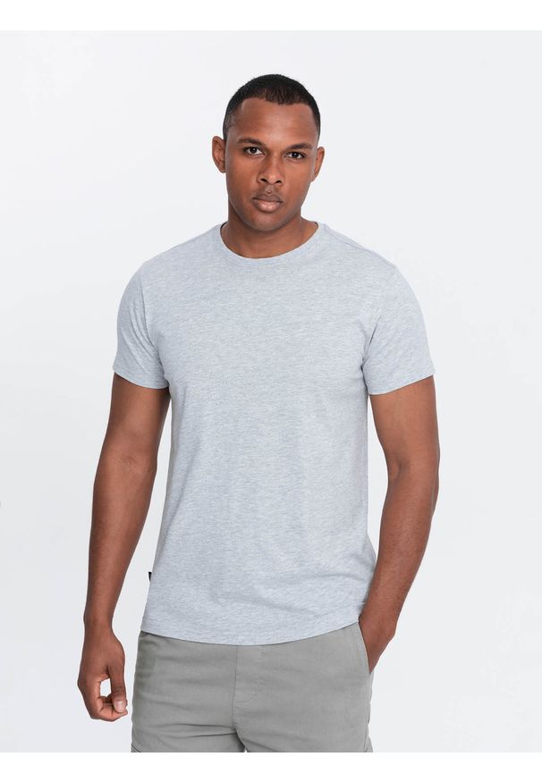 Ombre Clothing - Męski klasyczny bawełniany T-shirt BASIC - szary melanż V5 - Rozmiar: 3XL. Okazja: na co dzień. Kolor: szary. Materiał: bawełna. Wzór: melanż. Styl: klasyczny