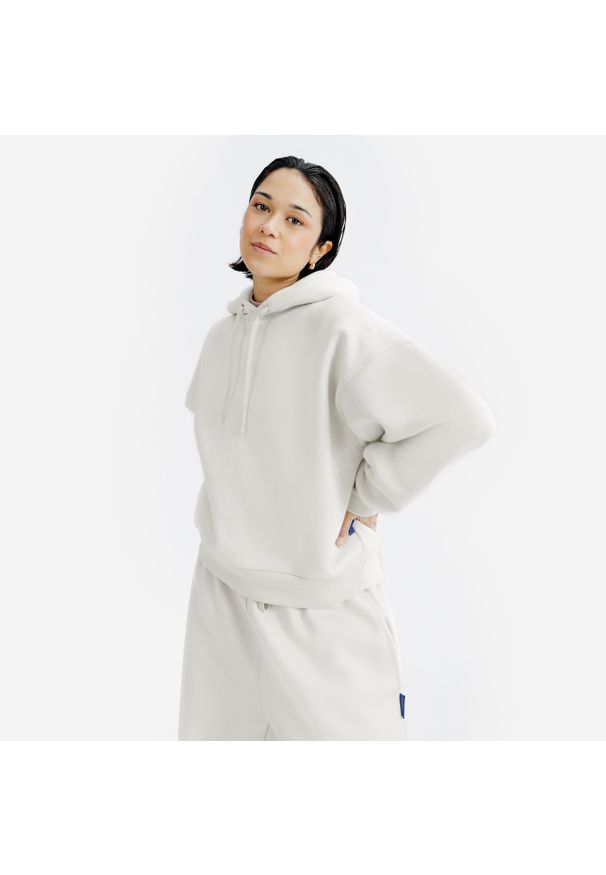 Decathlon - Bluza z kapturem damska Elementals. Typ kołnierza: kaptur. Kolor: beżowy. Materiał: tkanina, elastan, prążkowany, bawełna, materiał, poliester