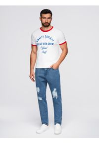 Ombre Clothing - Jeansowe spodnie męskie CARROT FIT z przetarciami – niebieskie V2 - Rozmiar: XL. Okazja: na co dzień. Kolor: niebieski. Materiał: jeans. Wzór: aplikacja. Styl: klasyczny, casual #5
