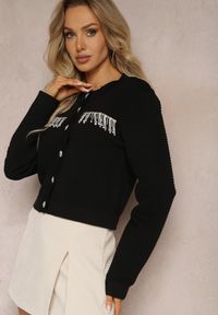 Renee - Czarny Kardigan z Frędzlami Ozdobionymi Cyrkoniami i Guzikami w Kształcie Kwiatków Alinessa. Kolor: czarny. Wzór: aplikacja, kwiaty