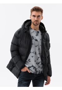 Ombre Clothing - Pikowana mocno ocieplana kurtka męska z raglanowym rękawem – czarna V4 - Rozmiar: S. Typ kołnierza: kołnierzyk stójkowy. Kolor: czarny. Materiał: guma, syntetyk, poliester, materiał. Długość rękawa: raglanowy rękaw. Wzór: aplikacja, jednolity #3