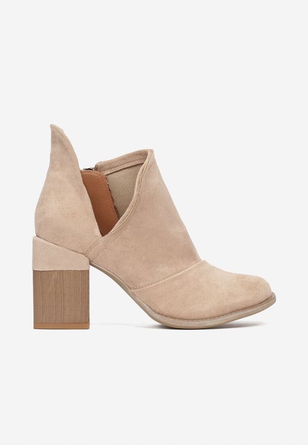 Renee - Beżowe Botki Dhysreia. Okazja: na co dzień. Wysokość cholewki: za kostkę. Kolor: beżowy. Materiał: jeans. Wzór: geometria. Obcas: na słupku. Styl: boho, casual, wizytowy