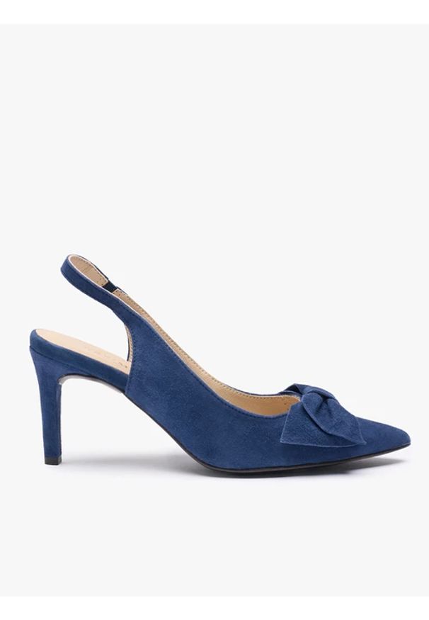 Ryłko - Granatowe czółenka bez pięty slingback z kokardą. Kolor: niebieski. Materiał: skóra, welur. Obcas: na obcasie. Styl: elegancki, street. Wysokość obcasa: średni