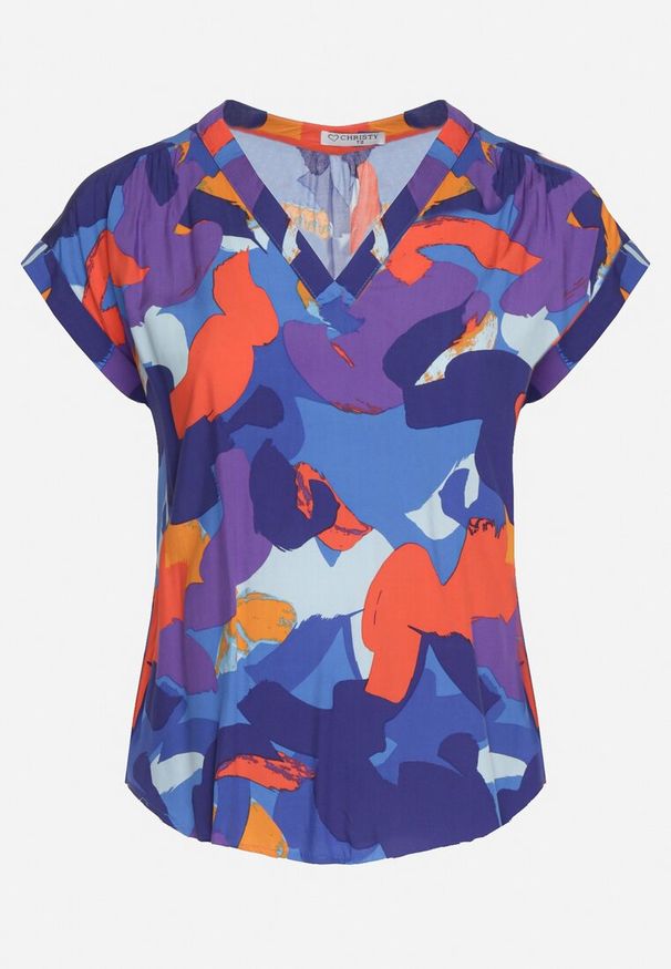 Born2be - Niebiesko-Pomarańczowa Bluzka z Wiskozy w Abstrakcyjny Wzór z Krótkimi Rękawami Zleria. Okazja: na co dzień. Kolekcja: plus size. Kolor: niebieski. Materiał: wiskoza. Długość rękawa: krótki rękaw. Długość: krótkie. Wzór: aplikacja. Styl: casual