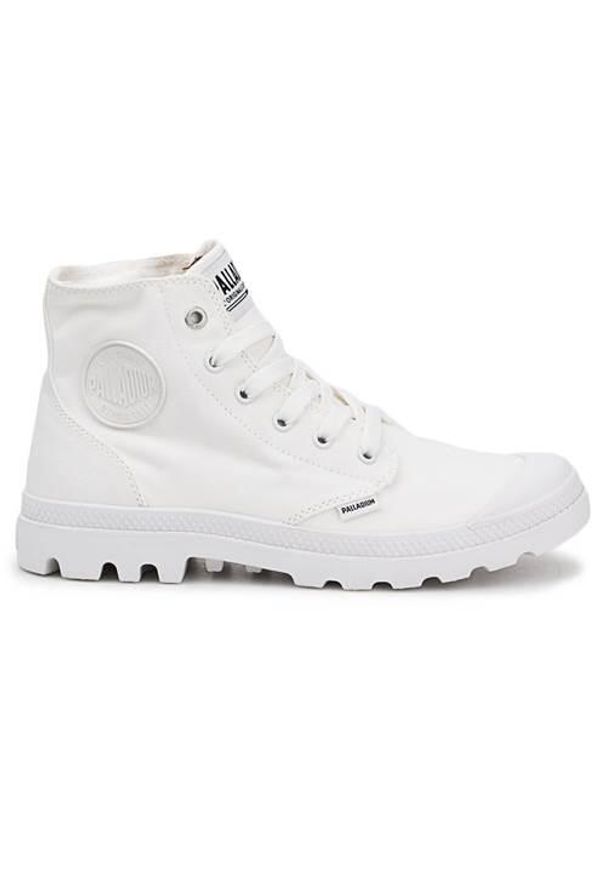 Buty do chodzenia męskie Palladium Pampa HI. Wysokość cholewki: za kostkę. Zapięcie: sznurówki. Kolor: biały. Materiał: materiał, syntetyk. Szerokość cholewki: normalna. Sport: turystyka piesza