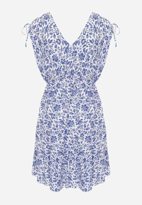 Renee - Niebiesko-Biała Sukienka Bawełniana na Grubych Ramiączkach z Gumką w Pasie Zapinana na Guziki Tessri. Okazja: na co dzień, na randkę. Kolor: niebieski. Materiał: bawełna. Długość rękawa: na ramiączkach. Wzór: kwiaty. Sezon: lato. Typ sukienki: proste. Styl: wakacyjny, casual, elegancki