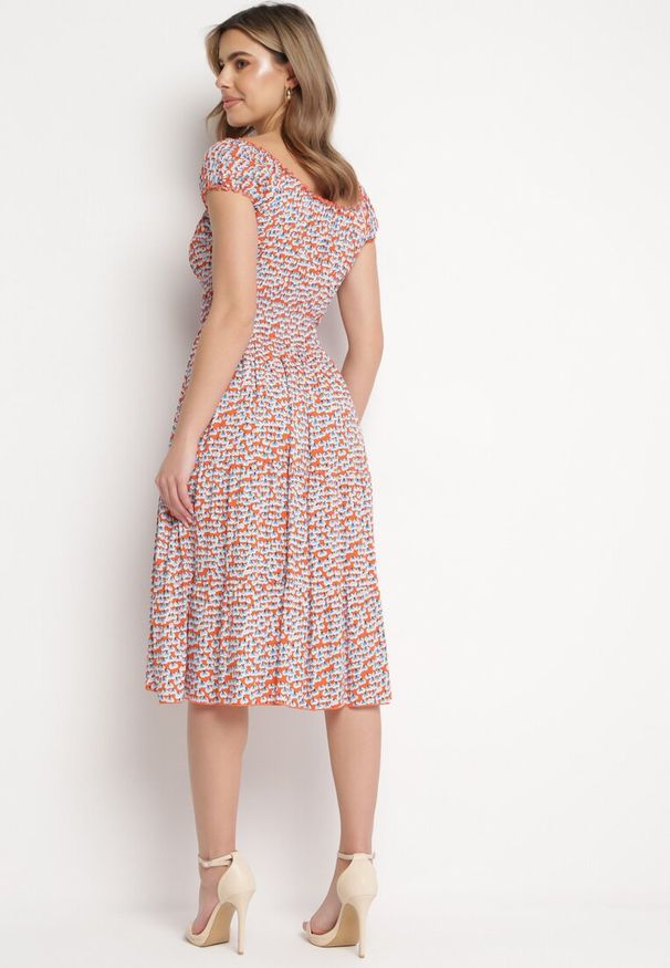 Born2be - Pomarańczowo-Niebieska Wiskozowa Sukienka Midi Rozkloszowana z Metalowymi Guzikami Exodia. Kolor: pomarańczowy. Materiał: wiskoza. Styl: elegancki, klasyczny. Długość: midi