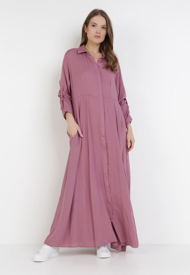 Born2be - Ciemnofioletowa Sukienka Controllable. Okazja: na co dzień. Kolor: fioletowy. Długość rękawa: długi rękaw. Typ sukienki: rozkloszowane, szmizjerki. Styl: casual, klasyczny. Długość: maxi