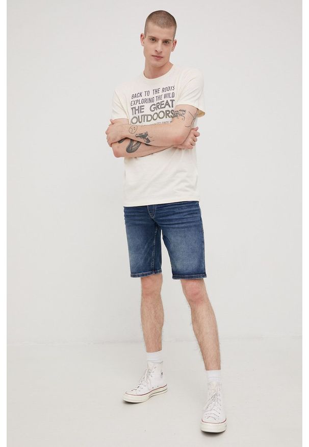 Tom Tailor t-shirt bawełniany kolor beżowy z nadrukiem. Kolor: beżowy. Materiał: bawełna. Wzór: nadruk
