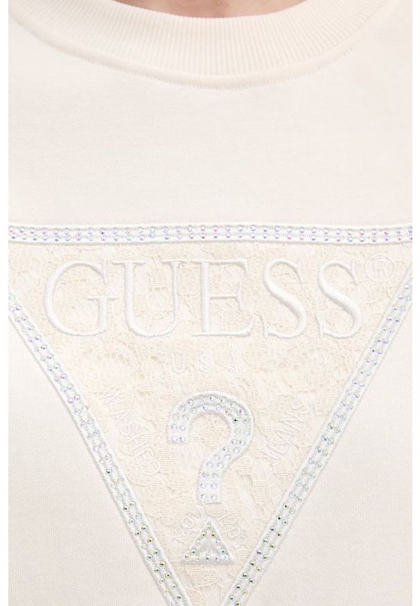 Guess - GUESS Beżowa bluza damska z cyrkoniami Triangle Lace, Rozmiar M. Okazja: na co dzień. Kolor: beżowy. Materiał: dresówka, jeans. Wzór: aplikacja. Styl: casual, klasyczny, elegancki