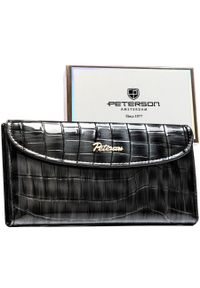 Szary portfel damski ze skóry ekologicznej z tłoczeniem na wzór skóry krokodyla, zamykany na zatrzask magnetyczny - Peterson. Kolor: szary. Materiał: skóra ekologiczna. Wzór: aplikacja #1