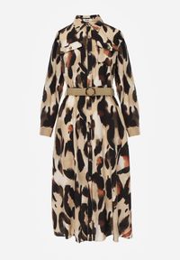 Renee - Beżowa Wzorzysta Sukienka o Koszulowym Kroju z Paskiem z Plecionki Mirirani. Okazja: na co dzień. Typ kołnierza: dekolt w kształcie V. Kolor: beżowy. Materiał: skóra, materiał, wiskoza. Wzór: nadruk. Typ sukienki: koszulowe. Styl: casual, elegancki #4