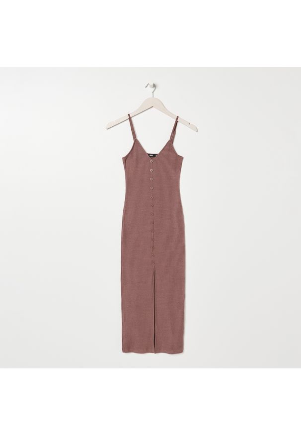 Sinsay - Prążkowana sukienka midi - Bordowy. Kolor: czerwony. Materiał: prążkowany. Długość: midi