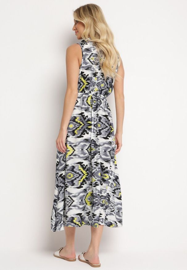 Born2be - Szaro-Biała Sukienka Rozkloszowana z Klapami przy Dekolcie w Abstrakcyjny Wzór Elebia. Okazja: na co dzień, na imprezę. Kolor: szary. Materiał: tkanina. Sezon: lato. Typ sukienki: rozkloszowane. Styl: casual, klasyczny