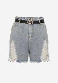 Renee - Jasnoniebieskie Bawełniane Szorty Jeansowe z Paskiem i Przetarciami High Waist Vikisona. Okazja: na co dzień. Stan: podwyższony. Kolor: niebieski. Materiał: bawełna, jeans. Styl: elegancki, casual #8