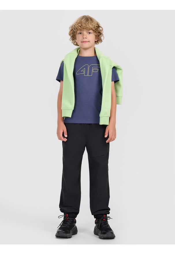4f - 4F T-shirt regular z nadrukiem chłopięcy - granatowy 122 (6-7 lat). Okazja: na co dzień. Kolor: niebieski. Materiał: bawełna, jersey, materiał. Długość rękawa: krótki rękaw. Długość: krótkie. Wzór: nadruk. Sezon: lato. Styl: casual, sportowy, klasyczny