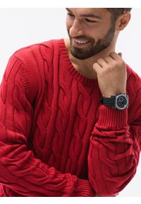 Ombre Clothing - Sweter męski z warkoczowym splotem E195 - czerwony - XXL. Okazja: na co dzień. Kolor: czerwony. Materiał: jeans, bawełna, akryl. Wzór: ze splotem. Styl: casual, klasyczny, elegancki #4