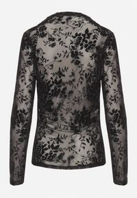 Born2be - Czarna Bluzka Siateczkowa z Welurowym Wzorem i Marszczeniem w Talii Seligala. Okazja: na spotkanie biznesowe. Kolor: czarny. Materiał: welur. Długość rękawa: długi rękaw. Długość: długie. Styl: biznesowy, elegancki, klasyczny #2