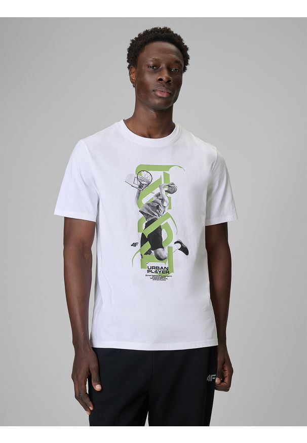 4f - 4F T-shirt regular z nadrukiem męski - biały L. Okazja: na co dzień. Kolor: biały. Materiał: dzianina, bawełna, materiał. Wzór: nadruk. Styl: casual, klasyczny