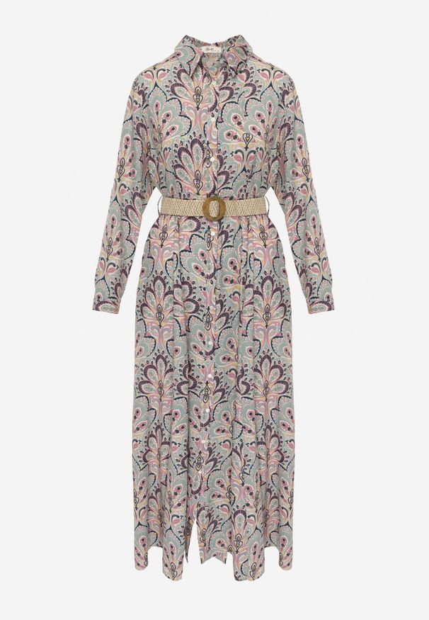 Born2be - Miętowo-Różowa Sukienka z Guzikami i Plecionym Paskiem z Klamrą Aralty. Kolor: miętowy. Długość rękawa: długi rękaw. Sezon: wiosna, lato. Typ sukienki: koszulowe