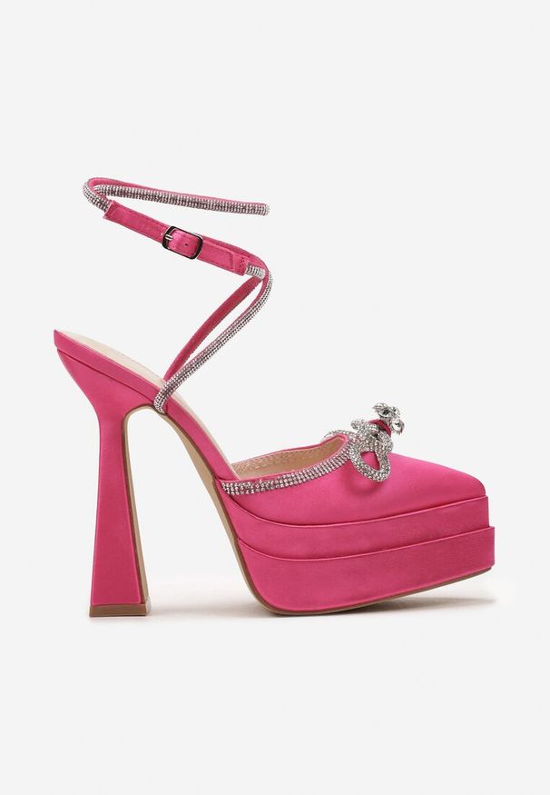 Renee - Fuksjowe Sandały na Geometrycznej Szpilce z Platformą z Odkrytą Piątą i Biżuteryjną Kokardką Mornia. Kolor: różowy. Wzór: geometria. Obcas: na platformie