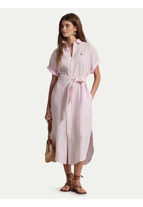 Polo Ralph Lauren Sukienka koszulowa 211965843001 Różowy Regular Fit. Typ kołnierza: polo. Kolor: różowy. Materiał: len. Typ sukienki: koszulowe