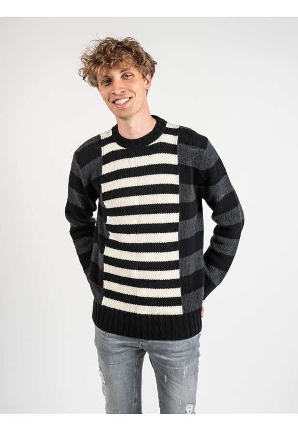 Les Hommes Sweter | LLK113-654U | Wool Stripes Round Neck Jumper | Mężczyzna | Czarny, Biały, Szary. Okazja: na co dzień. Kolor: biały, wielokolorowy, czarny, szary. Materiał: poliamid, wełna. Wzór: aplikacja. Styl: casual