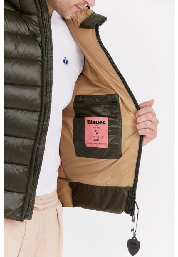 Blauer USA - BLAUER Zielona puchowa kurtka męska Virgil z kapturem, Rozmiar M. Typ kołnierza: kaptur. Kolor: zielony. Materiał: puch