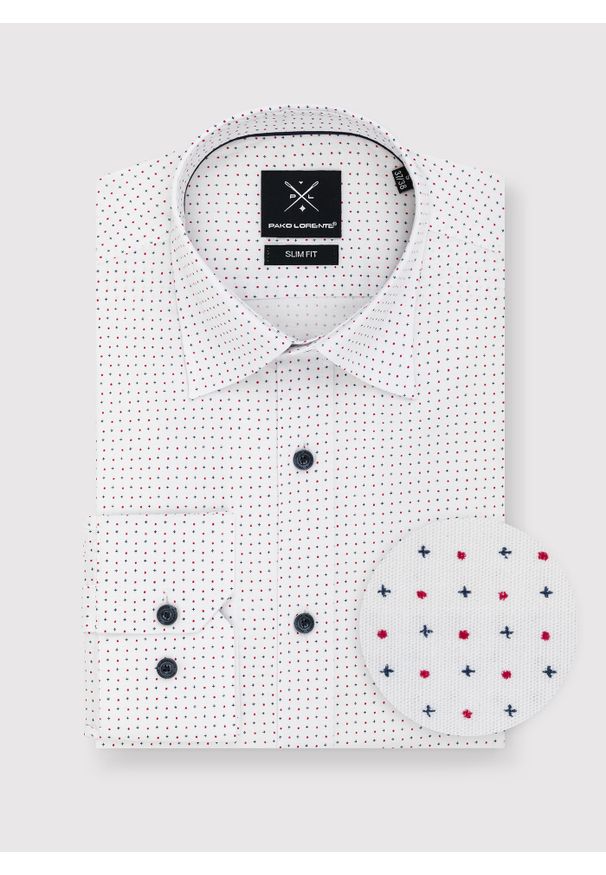 Pako Lorente - PAKO LORENTE – Biała koszula w granatowo-czerwony mikrowzór. Kolor: niebieski, czerwony, biały, wielokolorowy. Materiał: elastan, bawełna