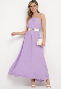 Born2be - Fioletowa Sukienka na Regulowanych Ramiączkach Wiązana na Szyi Ploeliama. Kolor: fioletowy. Długość rękawa: na ramiączkach. Styl: klasyczny, elegancki