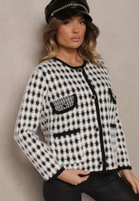 Renee - Biały Wiskozowy Kardigan Ozdobiony Wzorem w Pepitkę i Guzikami Saveri. Kolor: biały. Materiał: wiskoza. Wzór: aplikacja. Styl: retro, elegancki #5