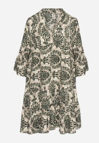 Born2be - Ciemnozielona Rozkloszowana Sukienka z Bawełny z Falbanami w Ornamentalny Wzór Lanoreth. Okazja: na co dzień, na spacer. Typ kołnierza: dekolt w serek. Kolor: zielony. Materiał: bawełna. Typ sukienki: rozkloszowane, proste. Styl: klasyczny, casual #3