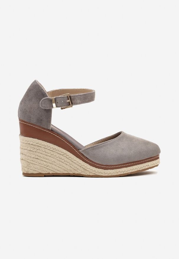 Renee - Szare Sandały na Plecionym Koturnie ze Sprzączką Catlinna. Okazja: na co dzień. Zapięcie: sprzączka. Kolor: szary. Obcas: na koturnie. Styl: elegancki, casual