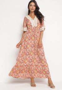 Born2be - Pomarańczowa Maxi Sukienka w Stylu Boho z Wiskozy Ozdobiona Koronką i Falbanką Kamrius. Kolor: pomarańczowy. Materiał: koronka, wiskoza. Wzór: koronka, aplikacja. Styl: boho. Długość: maxi #1