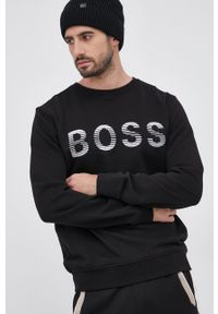 BOSS - Boss Bluza bawełniana męska kolor czarny z aplikacją. Okazja: na co dzień. Kolor: czarny. Materiał: bawełna. Wzór: aplikacja. Styl: casual