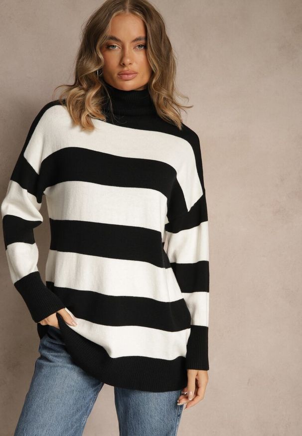 Renee - Czarno-Biały Golf Ozdobiony Paskami Raluna. Okazja: na co dzień. Typ kołnierza: golf. Kolor: czarny. Materiał: jeans. Wzór: aplikacja. Styl: casual