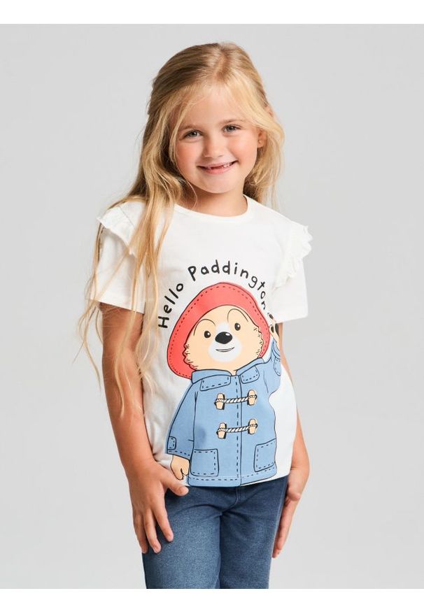 Sinsay - Bawełniana koszulka z nadrukiem Paddington - kremowy. Kolor: kremowy. Materiał: bawełna. Wzór: nadruk