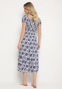 Born2be - Niebieska Sukienka z Bawełną i Bufiastymi Rękawami Revilee. Okazja: na spacer, na co dzień. Kolor: niebieski. Materiał: bawełna. Wzór: aplikacja. Styl: casual, elegancki #2