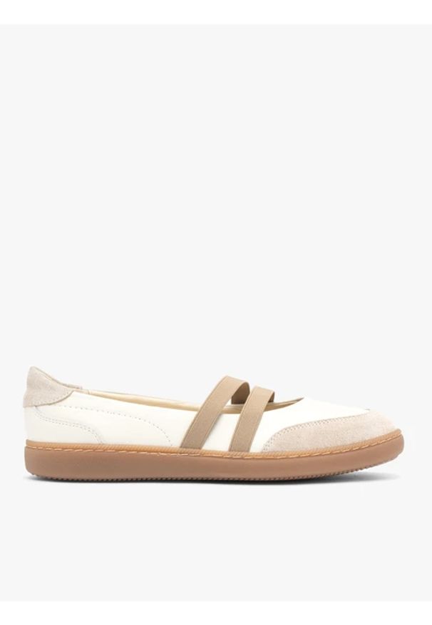 Ryłko - Kremowe sportowe baleriny z dwoma paskami. Nosek buta: okrągły. Zapięcie: pasek. Kolor: beżowy. Materiał: skóra. Szerokość cholewki: normalna. Styl: sportowy