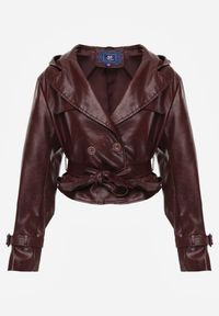 Renee - Bordowa Kurtka z Ekoskóry o Krótkim Kroju w Stylu Trencza z Paskiem i Kapturem Nilassiela. Okazja: na co dzień. Kolor: czerwony. Materiał: bawełna. Długość: krótkie. Wzór: paski. Styl: casual #7