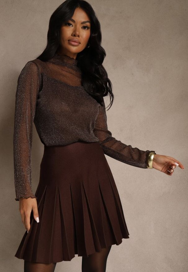 Renee - Brązowa Spódnica High Waist z Wiskozą Zdobiona Plisami Coroxera. Stan: podwyższony. Kolor: brązowy. Materiał: wiskoza. Wzór: aplikacja. Styl: elegancki