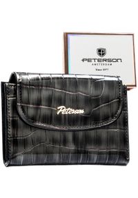 Szary portfel damski ze skóry ekologicznej z tłoczeniem na wzór skóry krokodyla - Peterson. Kolor: szary. Materiał: skóra ekologiczna. Wzór: aplikacja #1