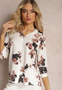 Renee - Biało-Beżowa Koszula Bawełniano-Wiskozowa w Kwiaty z Rękawem 3/4 Spiceria. Kolor: biały. Materiał: bawełna, wiskoza. Wzór: kwiaty. Sezon: lato #5