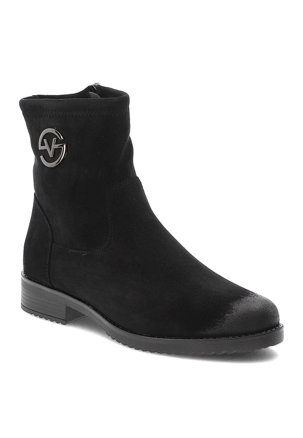 Czarne Botki Vinceza Eleganckie Obuwie Damskie. Okazja: na co dzień. Zapięcie: zamek. Kolor: czarny. Szerokość cholewki: normalna. Materiał: zamsz, jeans, materiał. Sezon: zima, jesień. Obcas: na obcasie. Styl: elegancki. Wysokość obcasa: średni