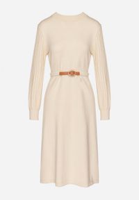 Born2be - Beżowa Sukienka z Wiskozą Ozdobiona Plisowanymi Rękawami i Paskiem Daikari. Okazja: na co dzień. Kolor: beżowy. Materiał: wiskoza. Wzór: aplikacja. Styl: casual #7