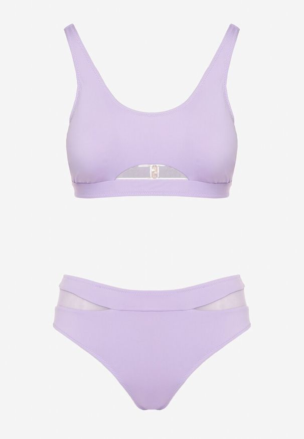 Renee - Fioletowe Bikini Biustonosz i Majtki Typu Figi Zdobione Siateczką Natelina. Kolor: fioletowy. Wzór: aplikacja