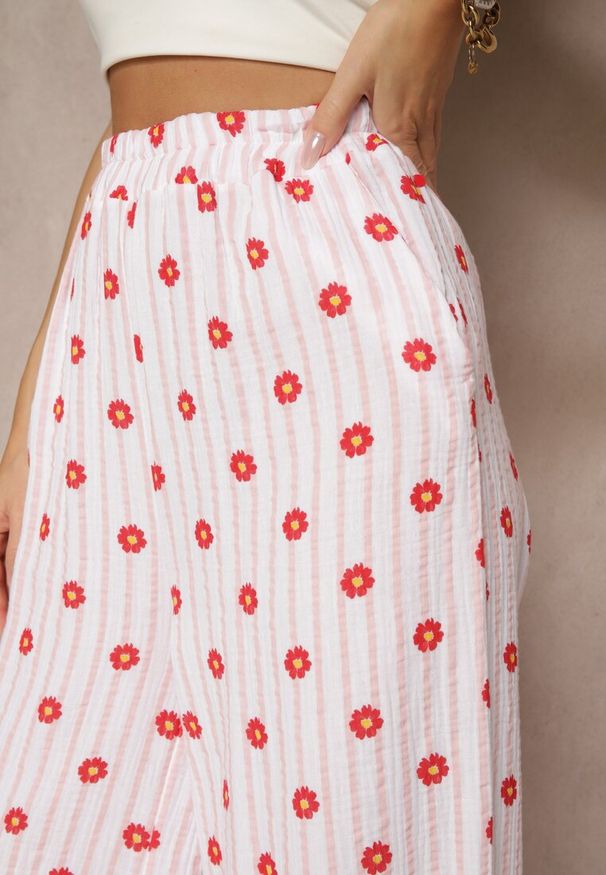Renee - Różowe Szerokie Spodnie High Waist z Bawełny z Gumką w Talii Ranivaria. Okazja: na co dzień. Stan: podwyższony. Kolor: różowy. Materiał: bawełna. Wzór: kwiaty. Sezon: lato, wiosna. Styl: casual, elegancki